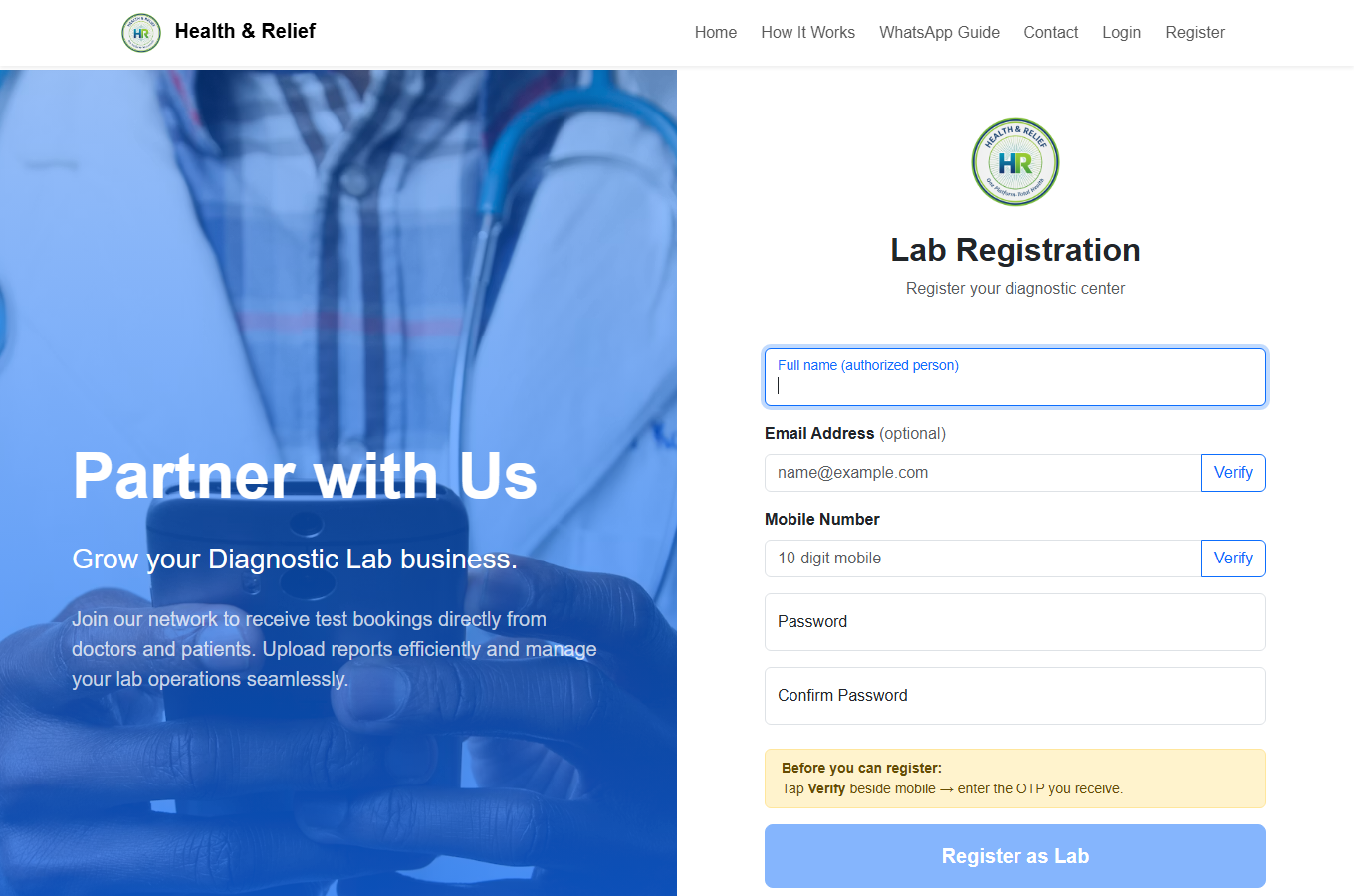 Lab registration screenshot