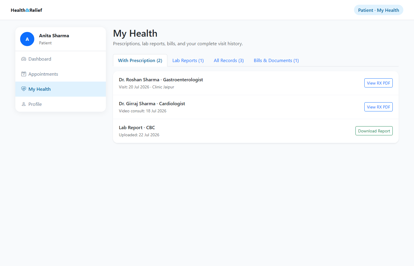 My Health dashboard screenshot