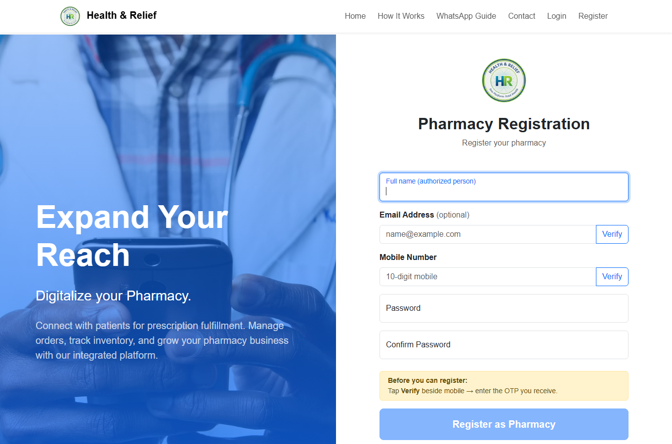Pharma registration screenshot