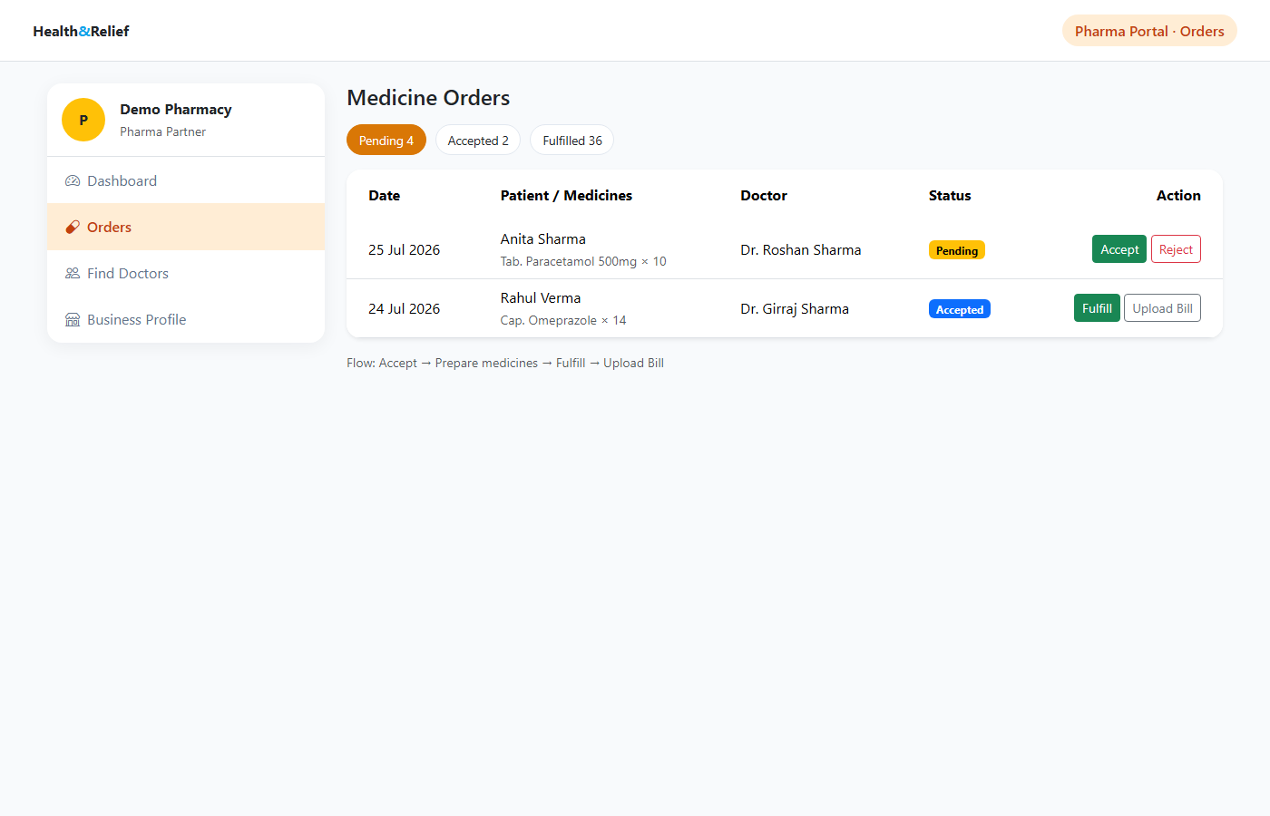 Pharma orders screenshot